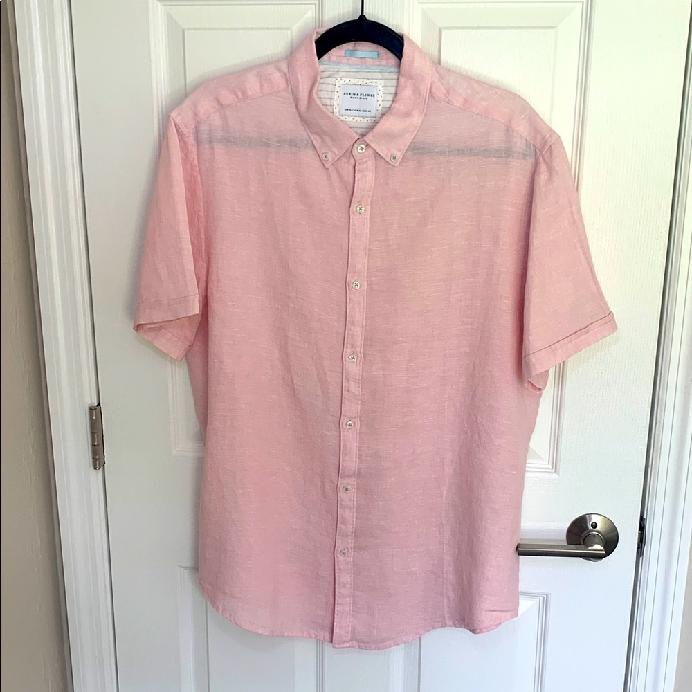 Denim and Flower pink short sleeved button linen down shirt size XL